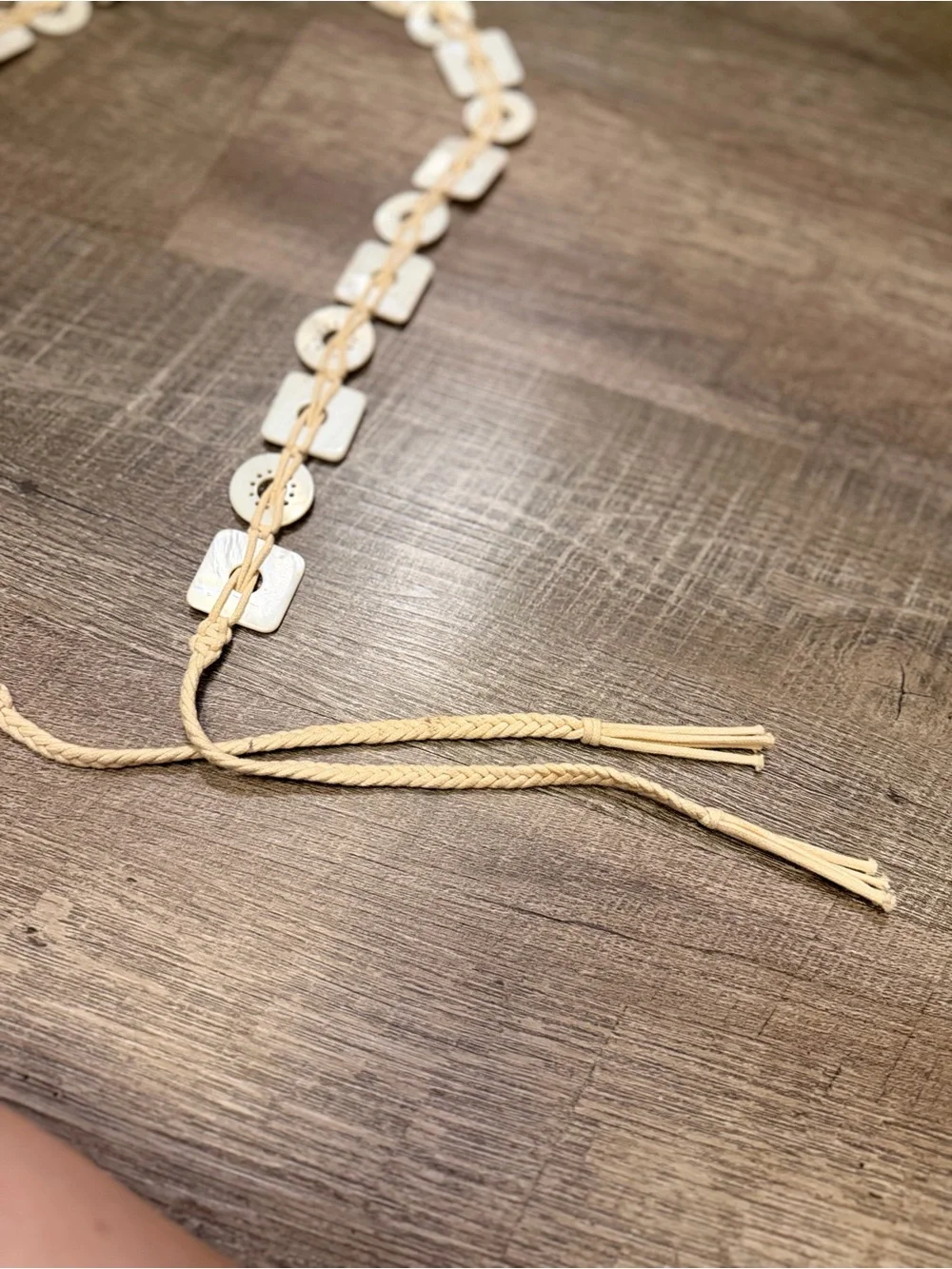 Boho Y2K Mother of Pearl Shell Disc Square Tie Belt Cream